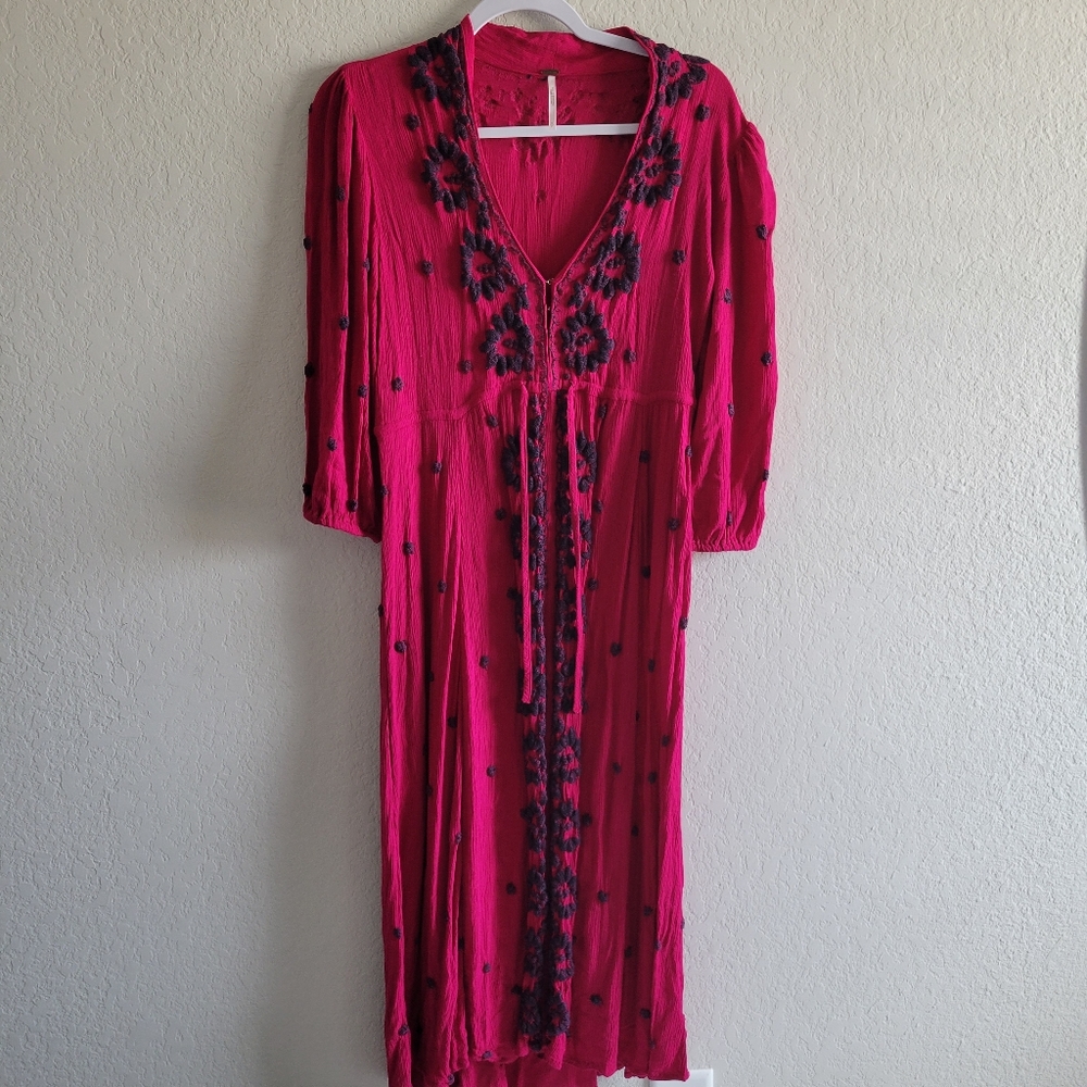 Free people embroidered boho maxi dress hot pink waist draw string size S - Picture 3 of 9